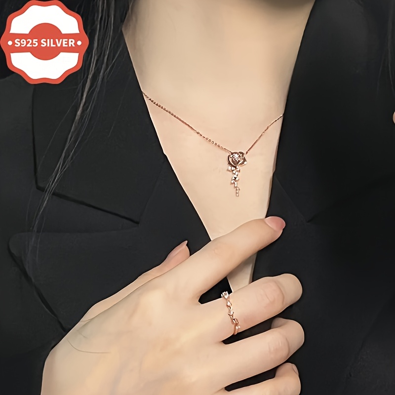 Women's 925 Silver Vintage Rose Flower Necklace